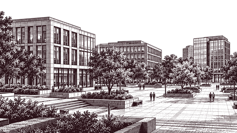 Illustration of an office campus with a tree-lined plaza